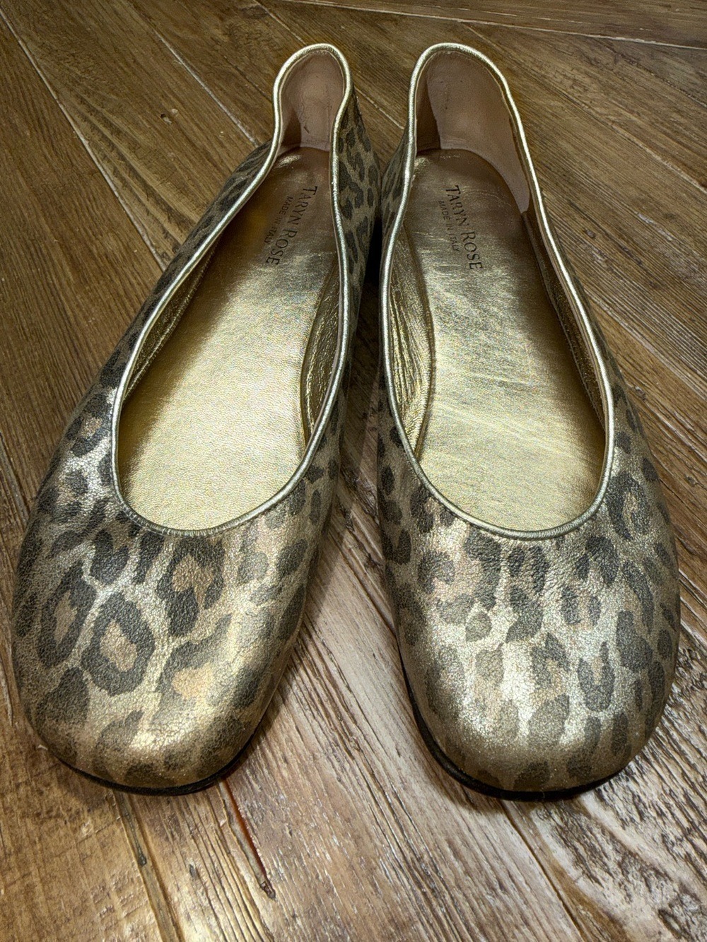 Taryn Rose Metallic Gold Leopard Print Ballet Flats Leather Made in Italy / 39